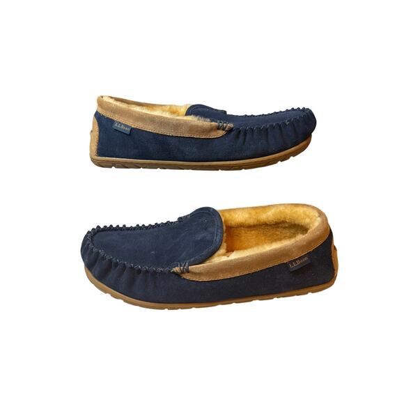 L.L.Bean Wicked Good Venetian Slippers Mens Sz 11 Navy/Saddle Suede Fur Moccasin main image 7